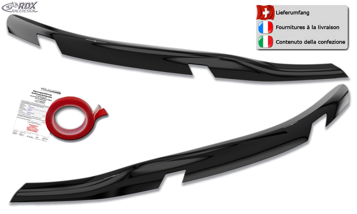 Scheinwerferblenden Ford Transit Custom & Ford Tourneo Custom (ab 2023) (mit Scheinwerfern LED und mit Matrix-LED) (schwarz glänzend) (mit CH-Eignungserklärung) (PU-ABS)