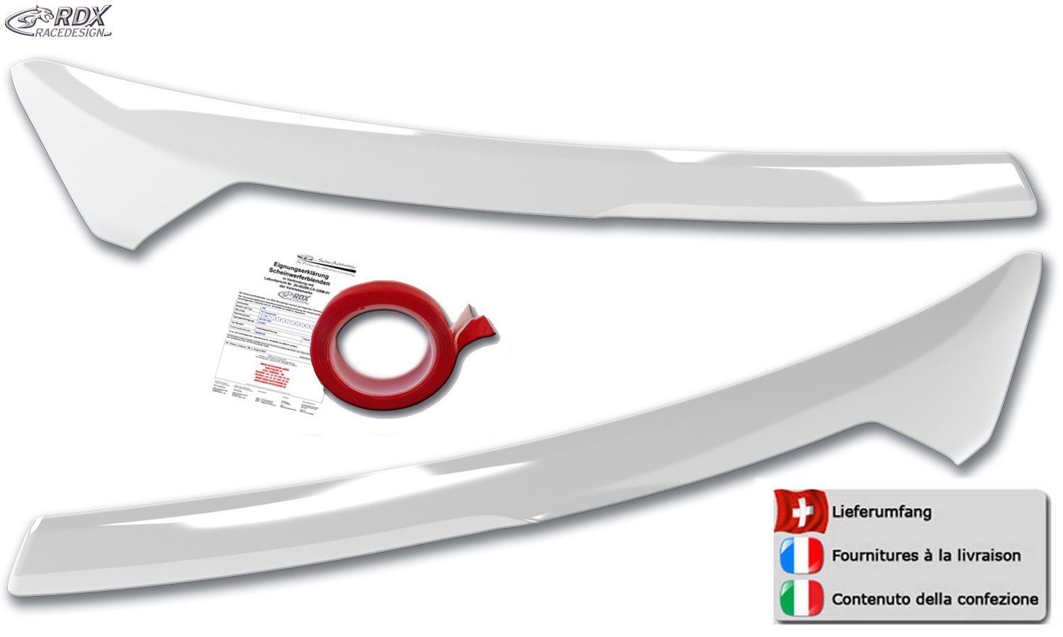 Scheinwerferblenden Ford Tourneo Courier (N1P) & Ford Transit Courier (N3P) (ab 2024) (weiss glänzend) (mit CH-Eignungserklärung) (PU-ABS)