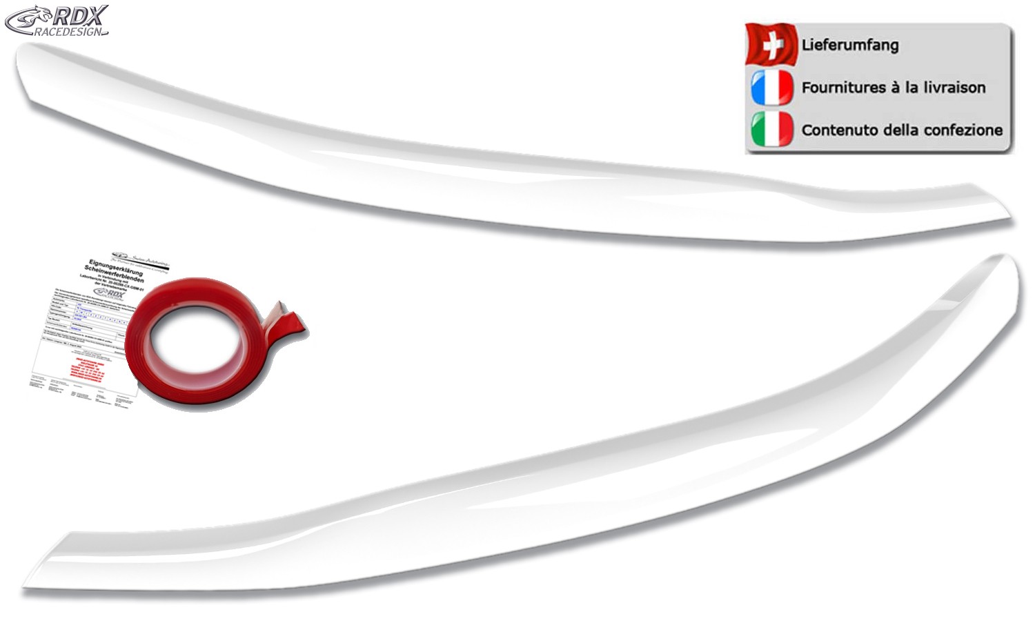 Scheinwerferblenden Ford Transit Custom & Ford Tourneo Custom (ab 2023) (für Halogen-Scheinwerfer) (weiss glänzend) (mit CH-Eignungserklärung) (PU-ABS)