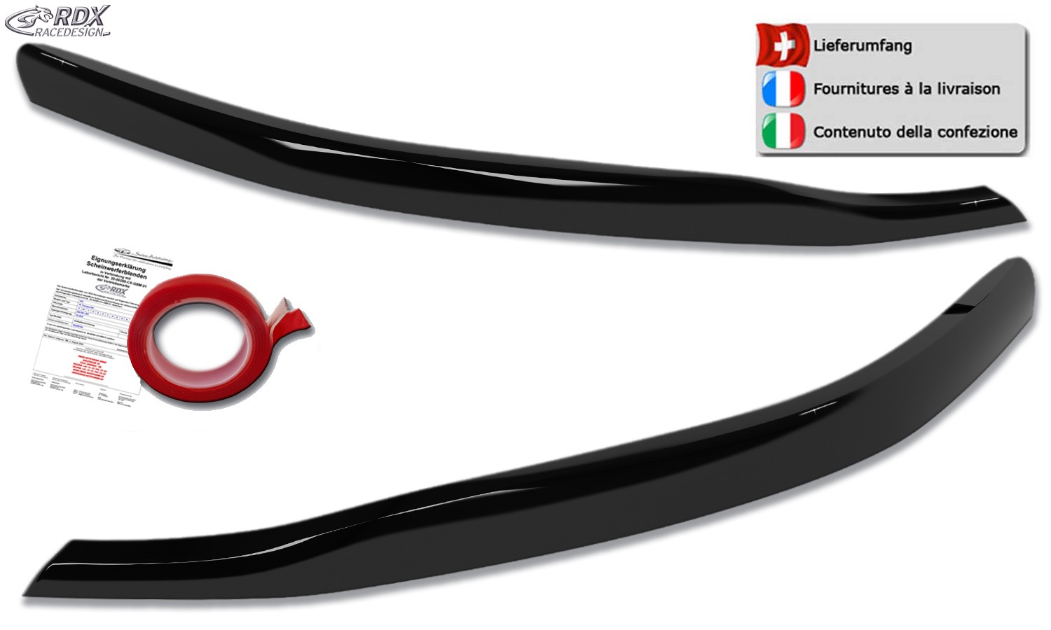 Scheinwerferblenden Ford Transit Custom & Ford Tourneo Custom (ab 2023) (für Halogen-Scheinwerfer) (schwarz glänzend) (mit CH-Eignungserklärung) (PU-ABS)