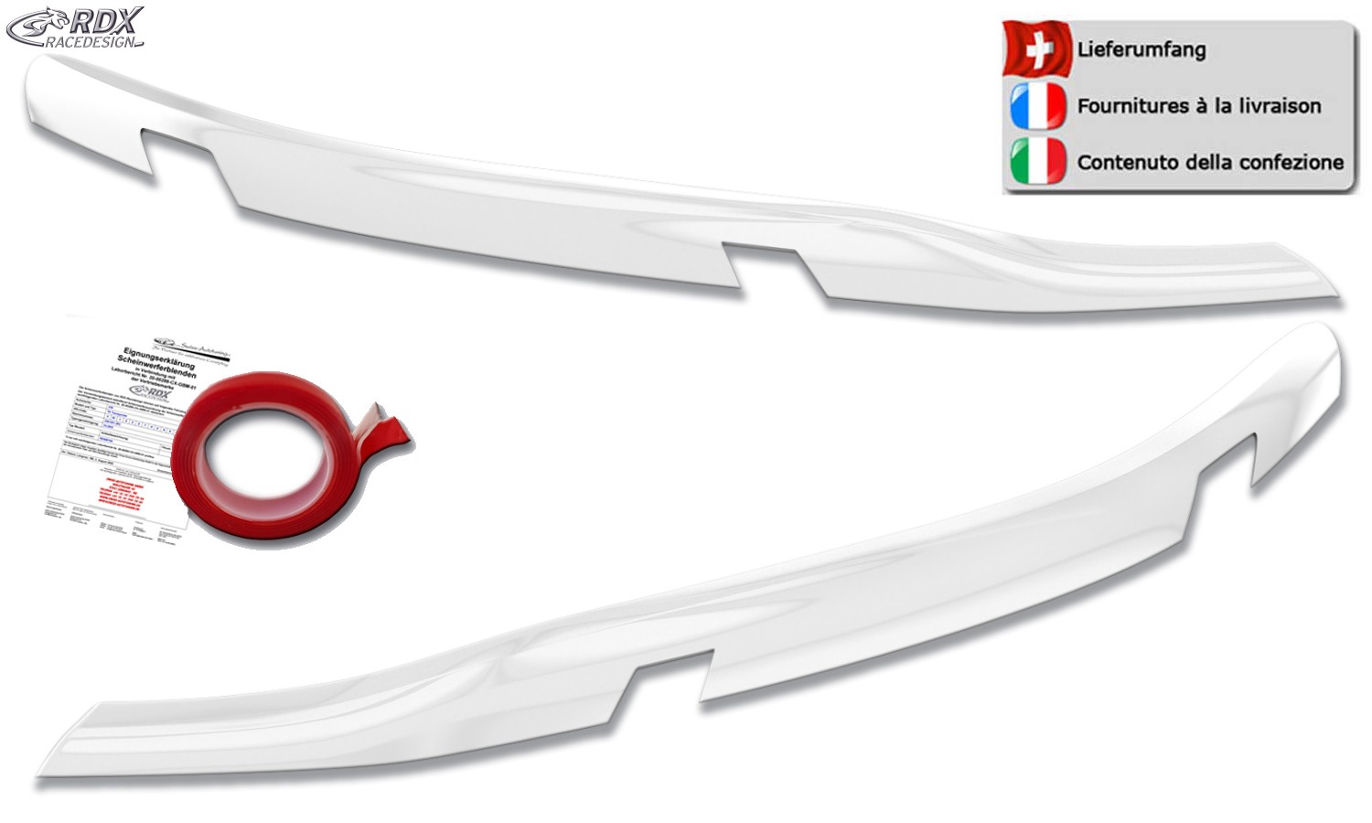 Scheinwerferblenden Ford Transit Custom & Ford Tourneo Custom (ab 2023) (mit Scheinwerfern LED und mit Matrix-LED) (weiss glänzend) (mit CH-Eignungserklärung) (PU-ABS)